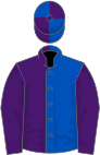 Royal blue and purple halved, purple sleeves, quartered cap