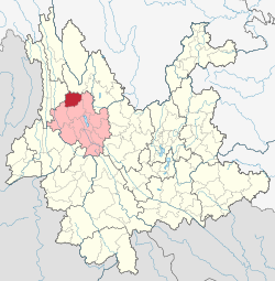 Location of Jianchuan County (red) and Dali City (pink) within Yunnan province