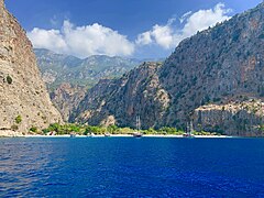 Mediterranean Region: Butterfly Valley in Fethiye. Mediterranean coastal beaches are popular among tourists.[311]