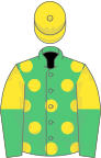 Emerald green, yellow spots, yellow and emerald green halved sleeves, yellow cap
