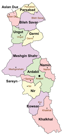 Location of Parsabad County in Ardabil province (top, yellow)