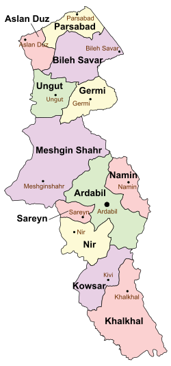 Location of Aslan Duz County in Ardabil province (top, pink)