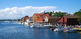The Tønsberg City wharf in Tønsberg, Norway is a popular tourist attraction, and its restaurants and pubs attract many visitors during the summer seasons.