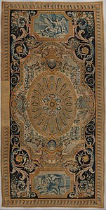 Baroque foliage volutes on a carpet with fame and fortitude, by the Savonnerie manufactory, 1668–1685, knotted and cut wool pile, woven with about 90 knots per square inch, Metropolitan Museum of Art