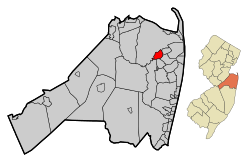 Location of Red Bank in Monmouth County highlighted in red (left). Inset map: Location of Monmouth County in New Jersey highlighted in orange (right).