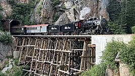 Steam Engine 73 on the wooden trestle bridge (Sept 2024) during filming for an upcoming television special