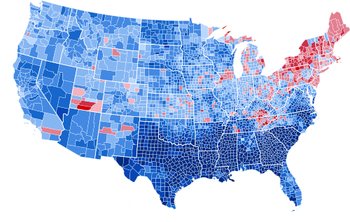 Results by county, shaded according to winning candidate's percentage of the vote