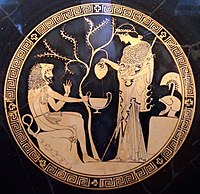 Interior (tondo) of a red figure kylix, depicting Heracles and Athena, by Phoinix (potter) and Douris (painter), c. 480-470 BC, Antikensammlungen Munich