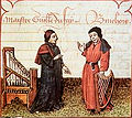 Image 13Guillaume Du Fay (left), with Gilles Binchois (right) in a c. 1440 Illuminated manuscript copy of Martin le Franc's Le champion des dames (from History of music)