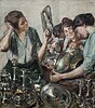 An early 20th Century painting by Fritz Stotz that depicts women polishing and cleaning household silver
