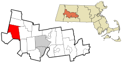 沃辛顿在汉普夏县及马萨诸塞州的位置（以红色标示）