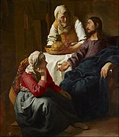 Johannes Vermeer, Christ in the House of Martha and Mary, 1654-56. 瑪麗的紅色上衣使用的是茜素或紫紅素