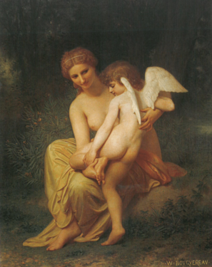 Wounded Cupid (1857) by William-Adolphe Bouguereau. Aphrodite (Venus) and Eros (Cupid), mother and son, are typically portrayed in the nude.