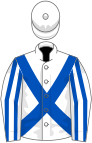 White, royal blue cross sashes, striped sleeves, white cap