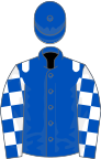 Royal blue, white epaulets, checked sleeves, royal blue cap