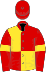 Red and yellow (quartered), red sleeves, yellow armlets, red cap