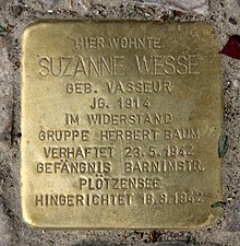 Square plaque with Wesse's name and details about her life/death