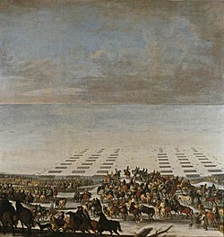 Painting March across the Great Belt 1658 by Johann Philip Lemke showing cavalry and troops marching on ice