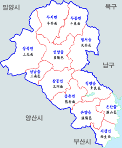 Map of Ulju County. Seosaeng Myeon is located in the southeastern corner.