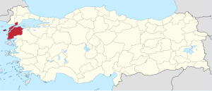 Çanakkale highlighted in red on a beige political map of Turkeym