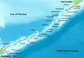 Image 12The Kuril Islands, with their Russian names. The borders of the Treaty of Shimoda (1855) and the Treaty of St. Petersburg (1875) are shown in red. Currently, all islands northeast of Hokkaido are administered by Russia. (from Geography of Japan)