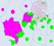 Ethnic townships in Central Sichuan Ya'an and Garzê. Light green - Yi. Red - Tibetan.