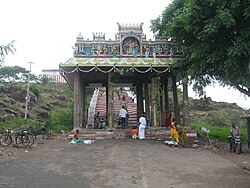 A view of the temple mandap at foot hill along with steps