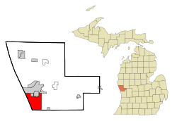 诺顿肖尔斯在马斯基根县及密歇根州的位置（以红色标示）