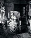The protagonist of “Northanger Abbey,”Catherine, is shown in the original woodcut from Jane Austen’s novel seated in a high-backed chair, reading “Mysteries of Udolpho.” She is seated at a vanity table draped with brocade fabric in front of an ornate mirror. Her face conveys a sense of curiosity, suspense, and fright.
