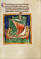 68 Verso-69 Recto Sawfish and Ship: A saw-fish with large wings races alongside a ship. When exhausted, the fish is said to retreat to the sea. The scene represents Christians who are overcome by vice but started off good.