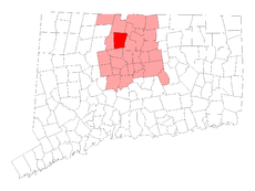 Simsbury's location within Hartford County and Connecticut