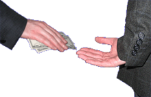 One hand giving money to another hand, held behind a back.
