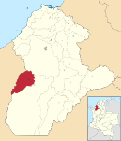 Location of the municipality and town of Valencia in the Córdoba Department of Colombia