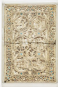 Byzantine medallions on the cover of the Melisende Psalter: Works of Mercy, 1131-1143, ivory, British Library, London[6]