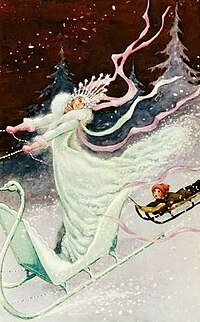 An image of a woman leading a sled pulled by several white horses; a young child is in the sled with her. They are flying above a small village in the middle of winter.