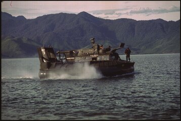 A U.S. patrol air cushion vehicle (PACV) in Cau Hai Bay near Hue South Vietnam 1968