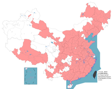 一張中國地圖，部分城市塗成紅色