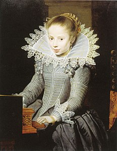 A gold-wrapped wire supportasse is visible through the sheer linen of this girl's collar. Cornelis de Vos, Young Girl at a Virginal, c. 1624–25