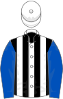 White and black stripes, royal blue sleeves, white cap