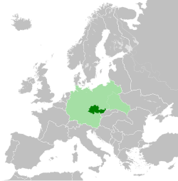 The Protectorate of Bohemia and Moravia in 1942, in dark green within Nazi Germany in light green