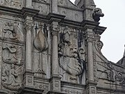 Detail from the Saint Paul church ruins in Macau. The carvings include Jesuit images with Oriental themes, such as The Blessed Virgin Mary stepping on a seven-headed hydra, described in Chinese characters as 'Holy Mother tramples the heads of the dragon'.