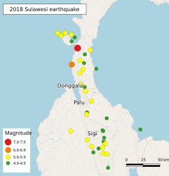 2018年苏拉威西岛地震余震震中分布图