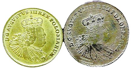 August d’or (1753–1756 Münzstätte Leipzig), a Saxon gold coin of 5 thalers, equal in value and weight to the Prussian Friedrich d'or