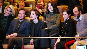 From left to right: Victoire Du Bois, Armie Hammer, Timothée Chalamet, Esther Garrel, Amira Casar, and Luca Guadagnino at the screening of Call Me by Your Name at the 2017 Berlin International Film Festival.