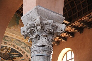 Byzantine egg-and-dart on a Composite capital in the Euphrasian Basilica, Poreč, Croatia, unknown architect, 6th century