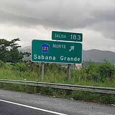 PR-2 west at exit 183 to PR-121 near Sabana Grande barrio-pueblo