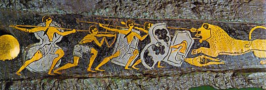 Depiction of a hunting scene on a dagger found in Mycenae, Greece, 16th century BCE