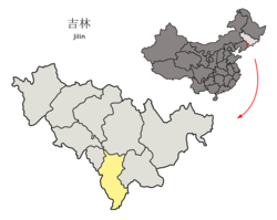 Location of Tonghua City (yellow) in Jilin (light grey) and China
