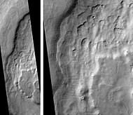 高分辨率成像科学设备显示的希腊区马丁谷中呈现的扇形地形，图中右侧区域在另一幅图像中被放大。