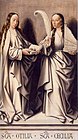 Master of Frankfurt, Saint Odile and Saint Cecilia, ca. 1503–1506, oil on panel, 113 x 67.9 cm (44 1/2 x 26 3/4 in.), Historical museum, Frankfurt. This painting, rendered in grisaille, forms part of the outer wings of the Altarpiece of St. Anne commissioned for the Dominican Church of Frankfurt circa 1504.